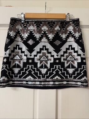 Express Black Mini Skirt with Silver Sequin Geometric Pattern